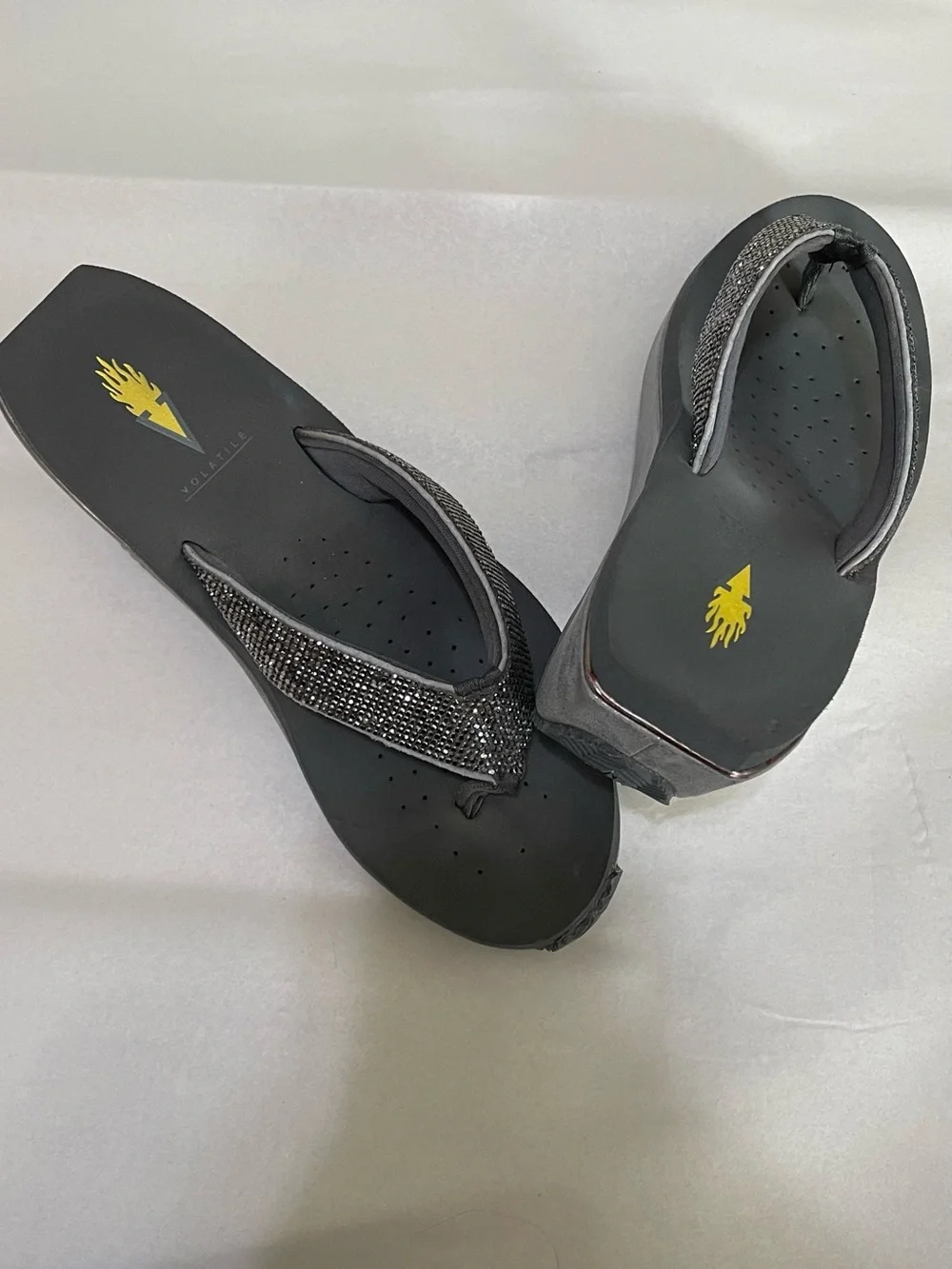 Metallic Gray Rhinestone Wedge Flip Flops - Women's
